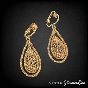 VTG 70s Bergere Teardrop Faux Pearl Black Rhinestone Gold Tone Clip On Earrings